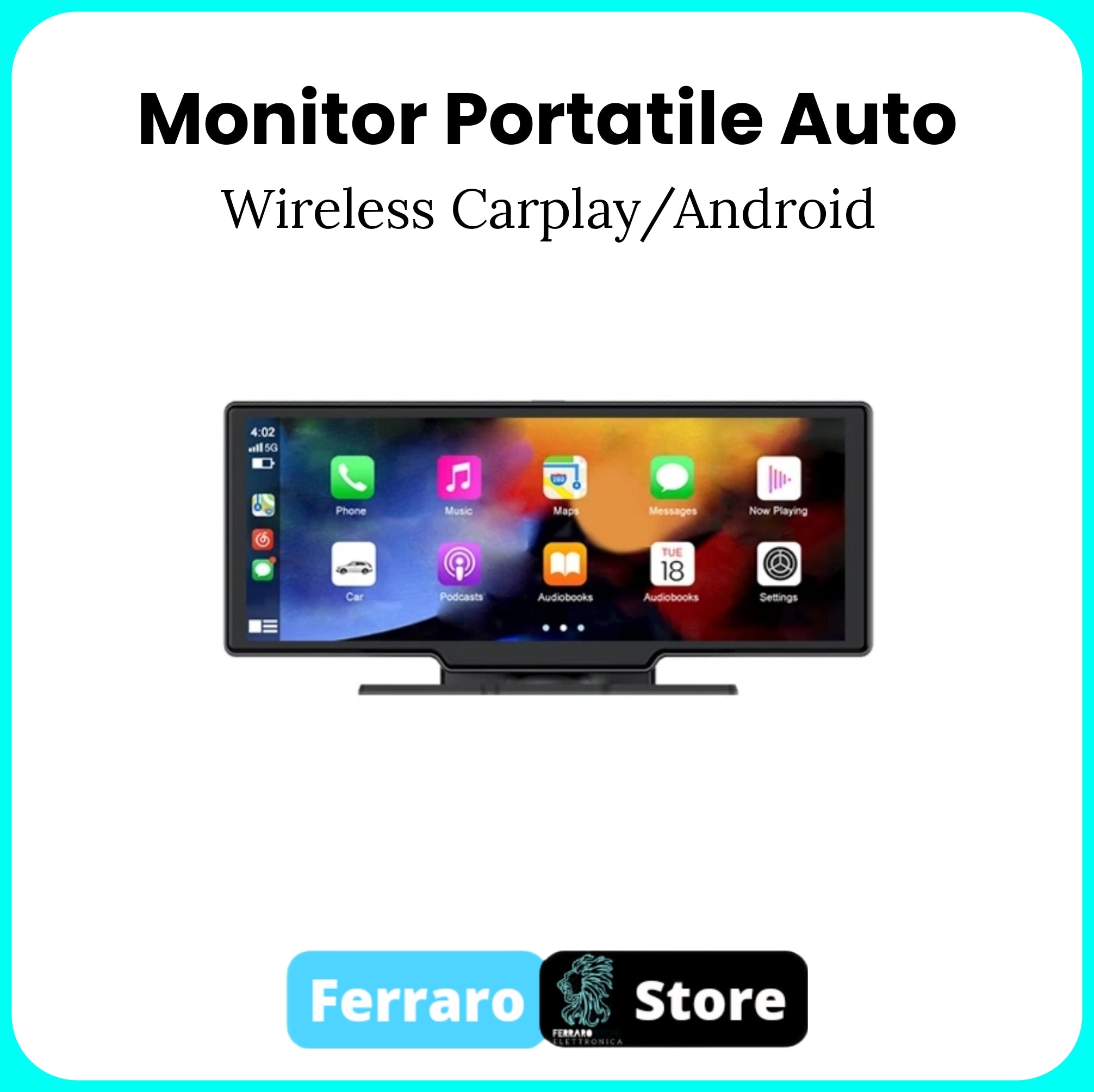 Monitor Universale [PORTATILE] - 10.26"Pollici, Plug and Play, Car Play e Android Auto, Mirror Link, Bluetooth, Radio, Aux