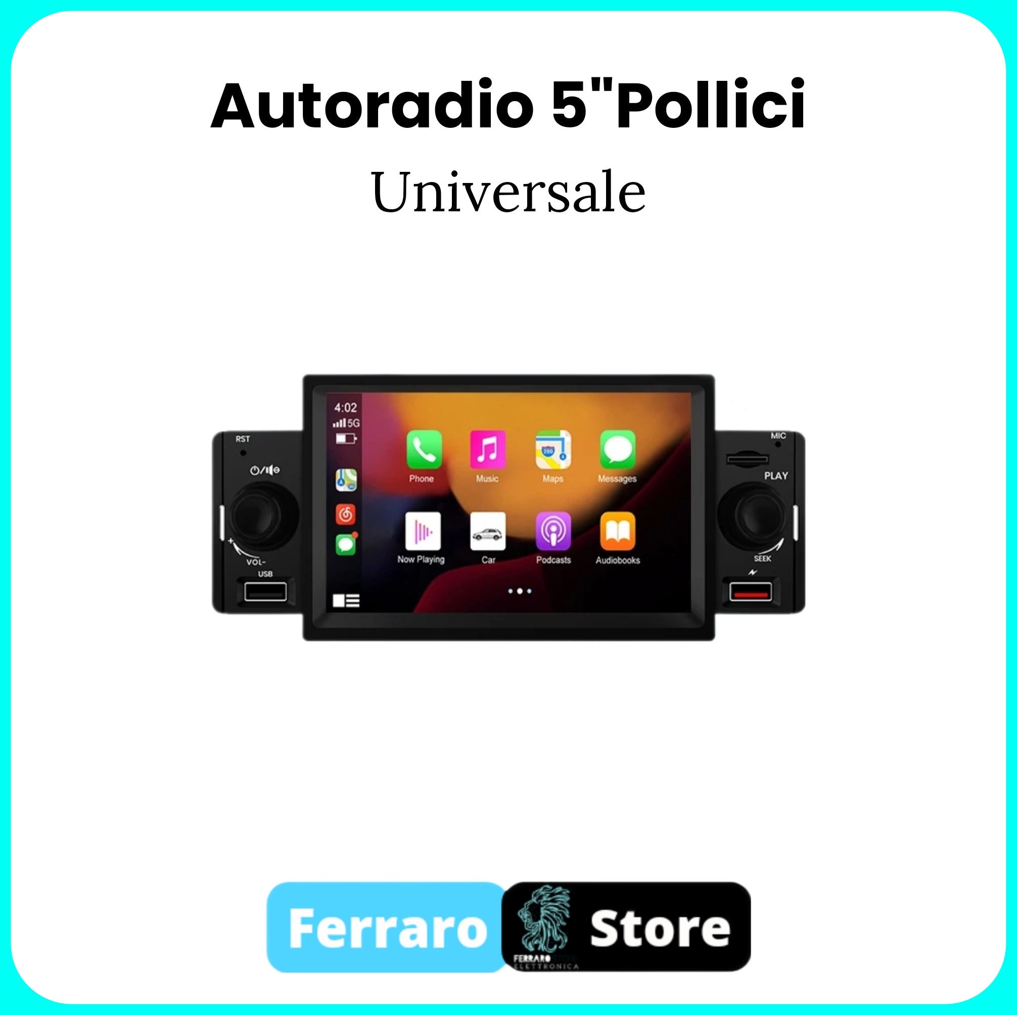 Autoradio Universale [FISSO] - 1Din, Schermo 5"Pollici, Bluetooth, Radio, USB, CarPlay & Android Auto Cablato
