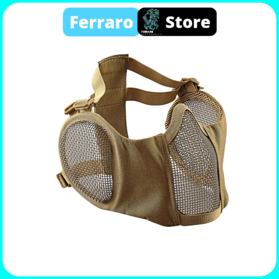 Tactical Softair Mask, Paintball, Half Face in steel mesh, Comfortable, ear protection, Tan