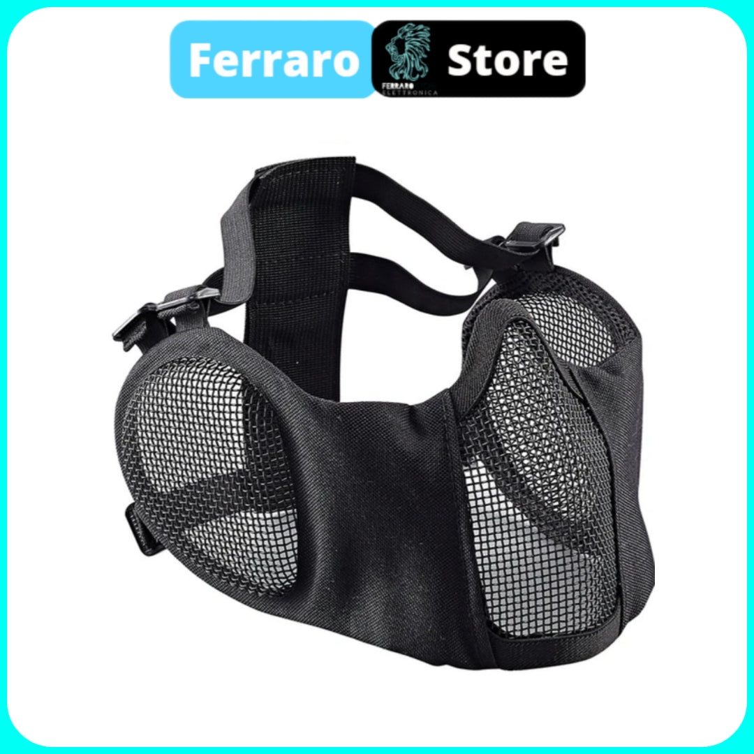 Maschera Tattica Softair, Paintball, Mezza Faccia in rete di acciaio, Comoda, protettiva per l'orecchio, Black