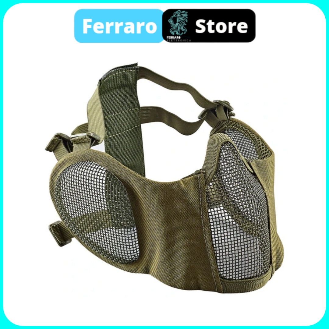 Maschera Tattica Softair, Paintball, Mezza Faccia in rete di acciaio, Comoda, protettiva per l'orecchio, Green