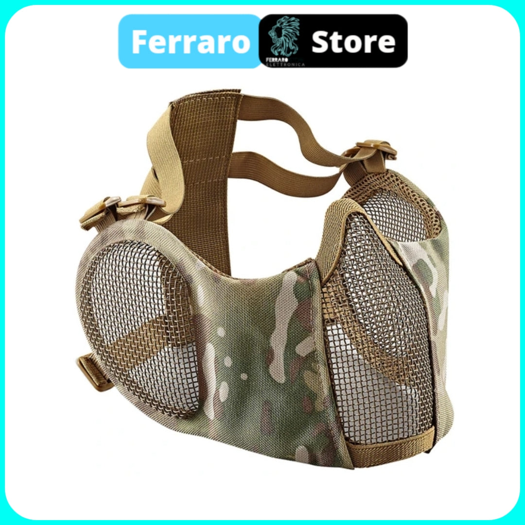 Tactical Softair Mask, Paintball, Half Face in steel mesh, Comfortable, ear protection, Camouflage