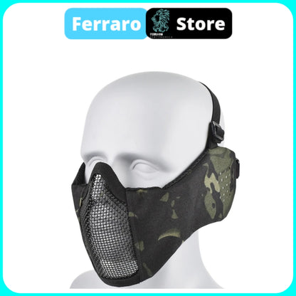 Maschera Tattica Softair, Paintball, Protezione Bocca in rete di acciaio, Comoda, Protettiva, Traspirante, Black Mimetico