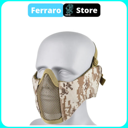 Maschera Tattica Softair, Paintball, Protezione Bocca in rete di acciaio, Comoda, Protettiva, Traspirante, Beige Mimetico