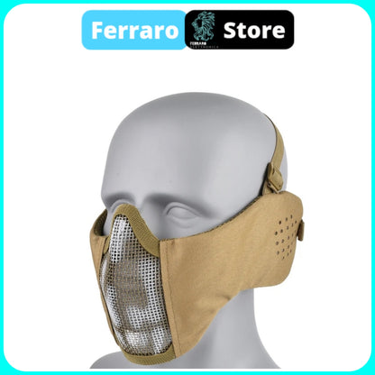 Maschera Tattica Softair, Paintball, Protezione Bocca in rete di acciaio, Comoda, Protettiva, Traspirante, Marroncino