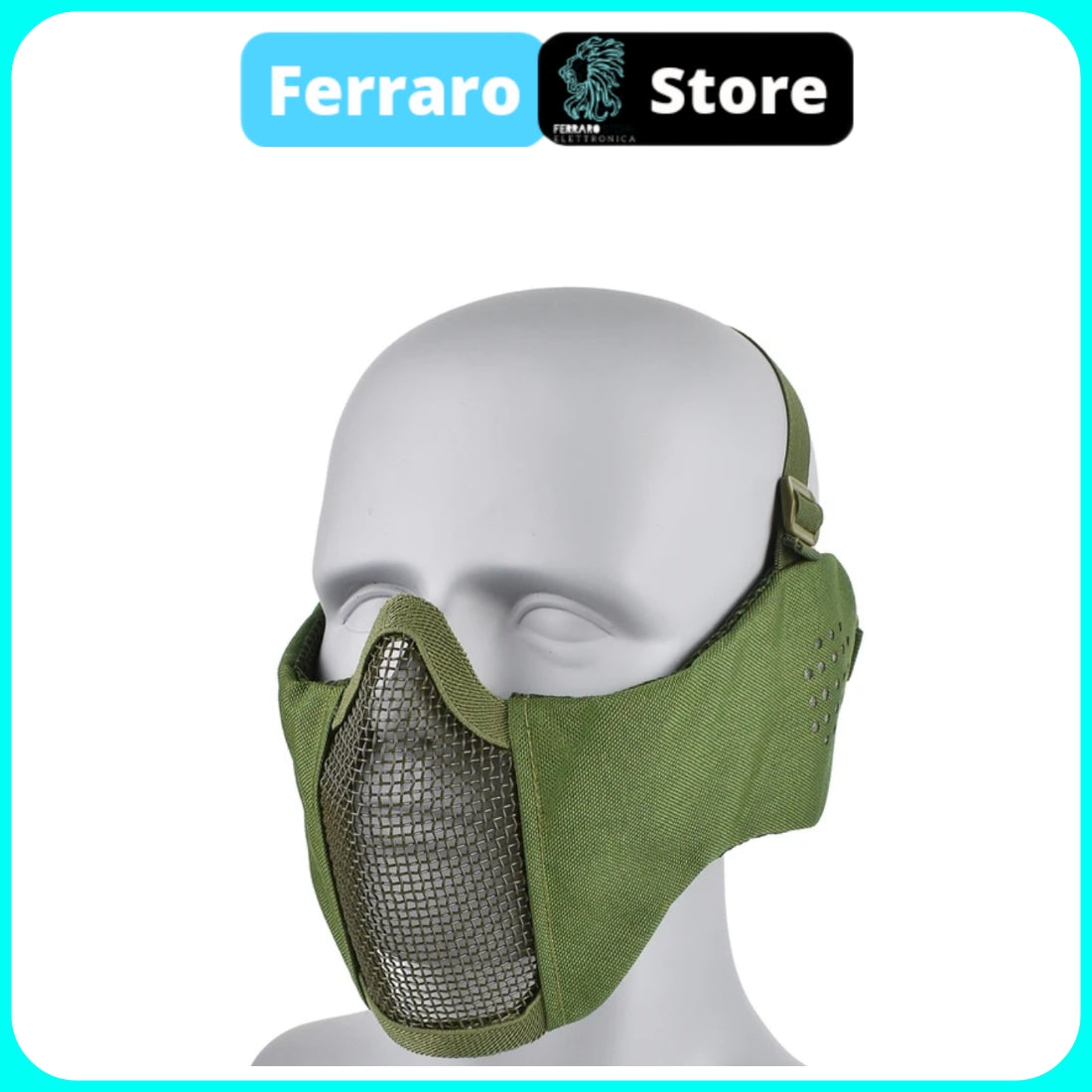 Maschera Tattica Softair, Paintball, Protezione Bocca in rete di acciaio, Comoda, Protettiva, Traspirante, Verde