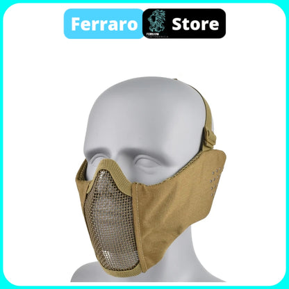 Maschera Tattica Softair, Paintball, Protezione Bocca in rete di acciaio, Comoda, Protettiva, Traspirante, Marroncino