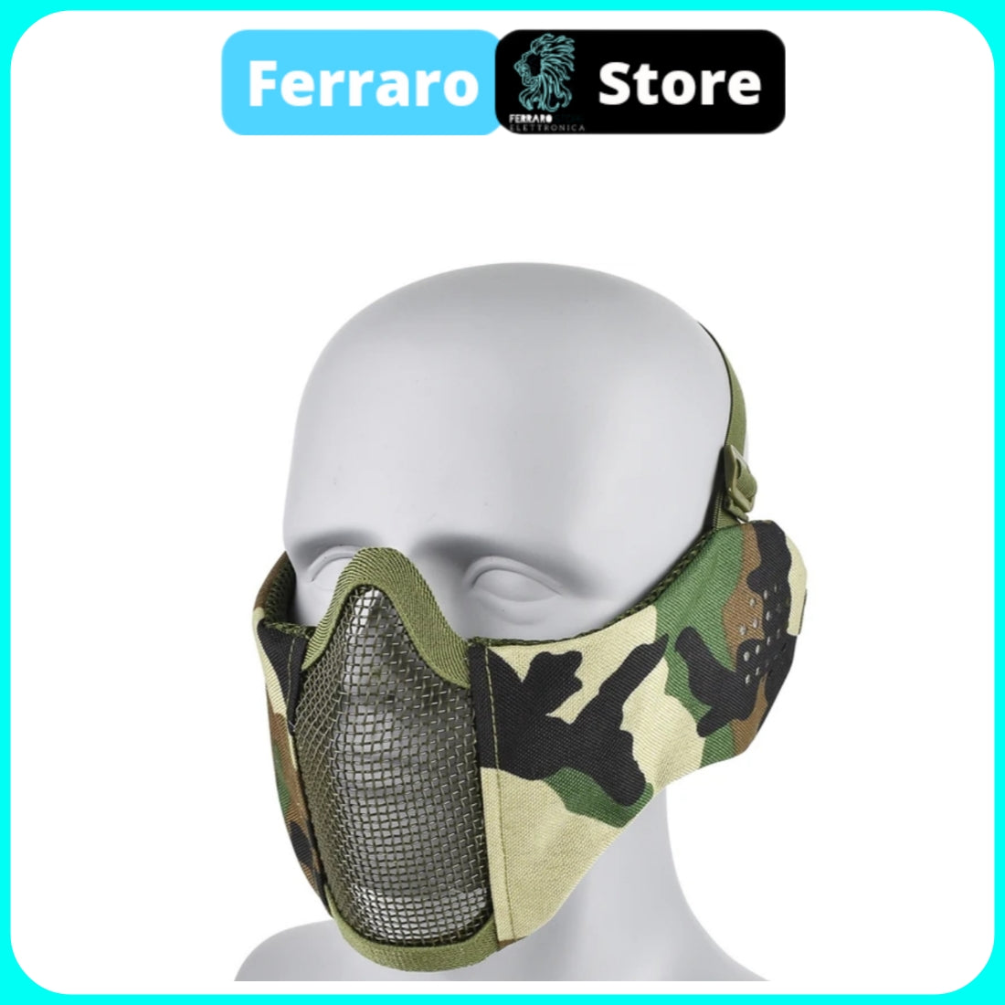 Maschera Tattica Softair, Paintball, Protezione Bocca in rete di acciaio, Comoda, Protettiva, Traspirante, Mimetica