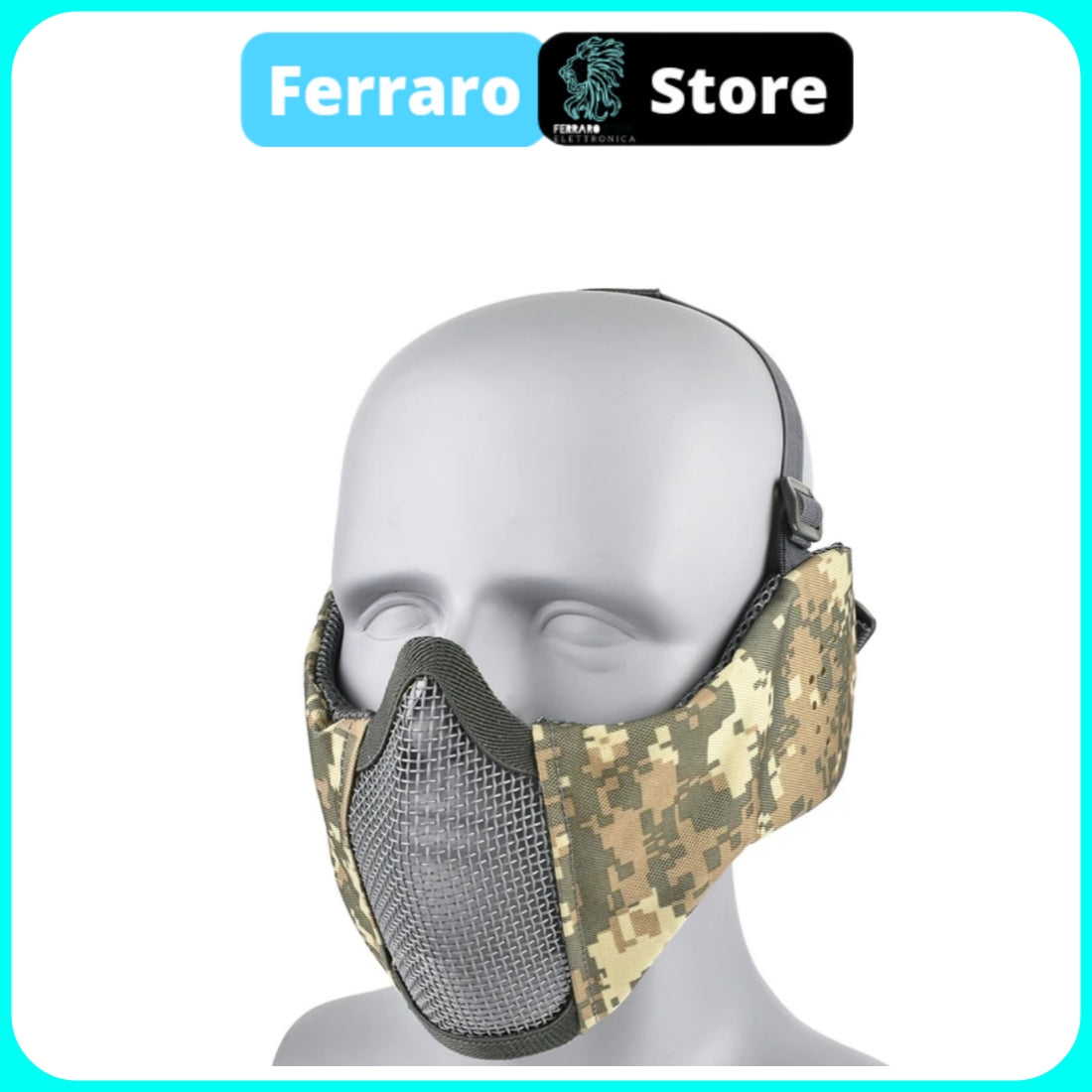 Airsoft Tactical Mask, Paintball, Mouth Protection in Steel Mesh, Comfortable, Protective, Breathable, Pixelated Camouflage