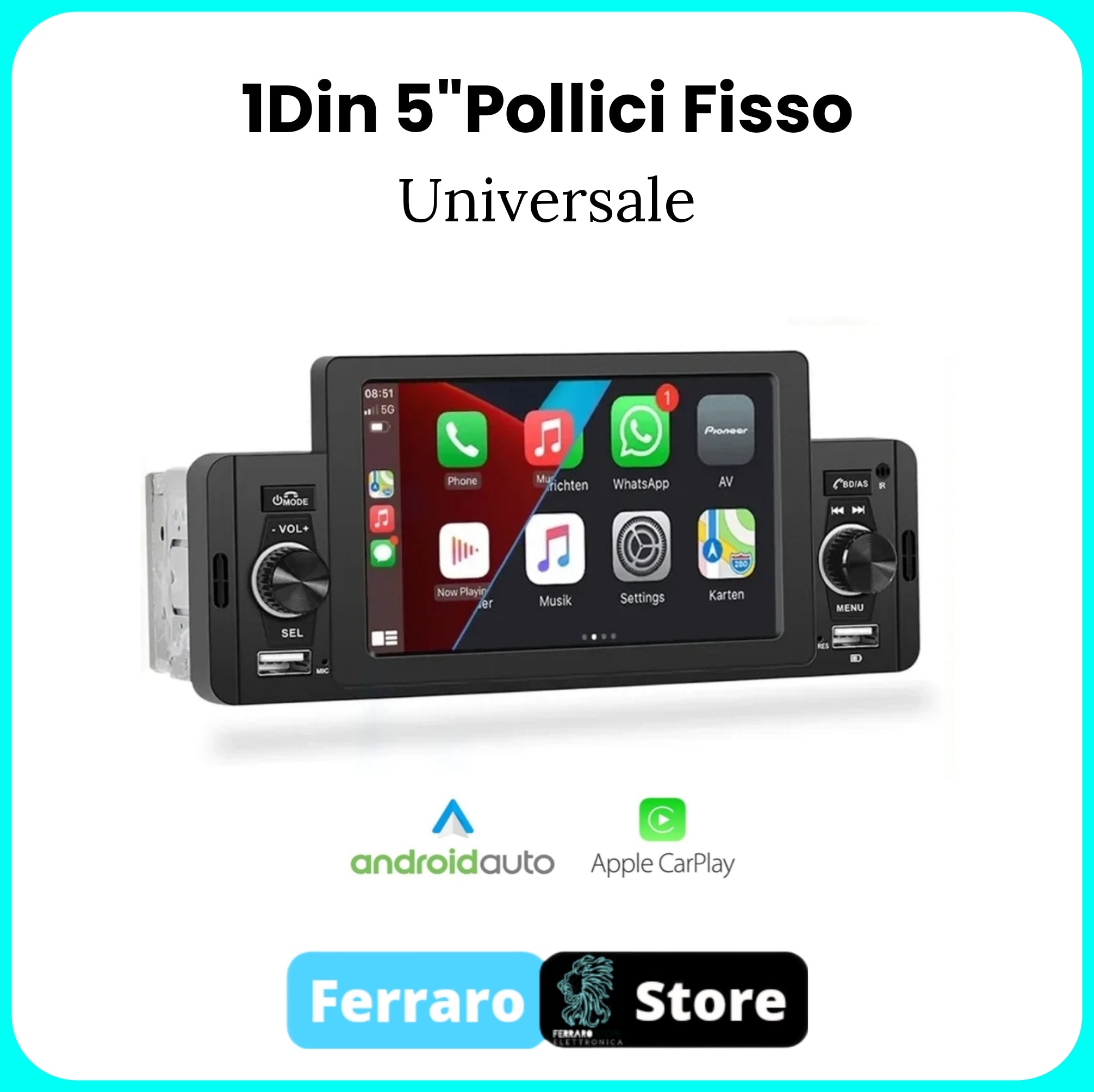 Autoradio Universale [FISSO]- 1Din 5" Pollici, Bluetooth, Radio, Doppia USB, CarPlay e Android Auto