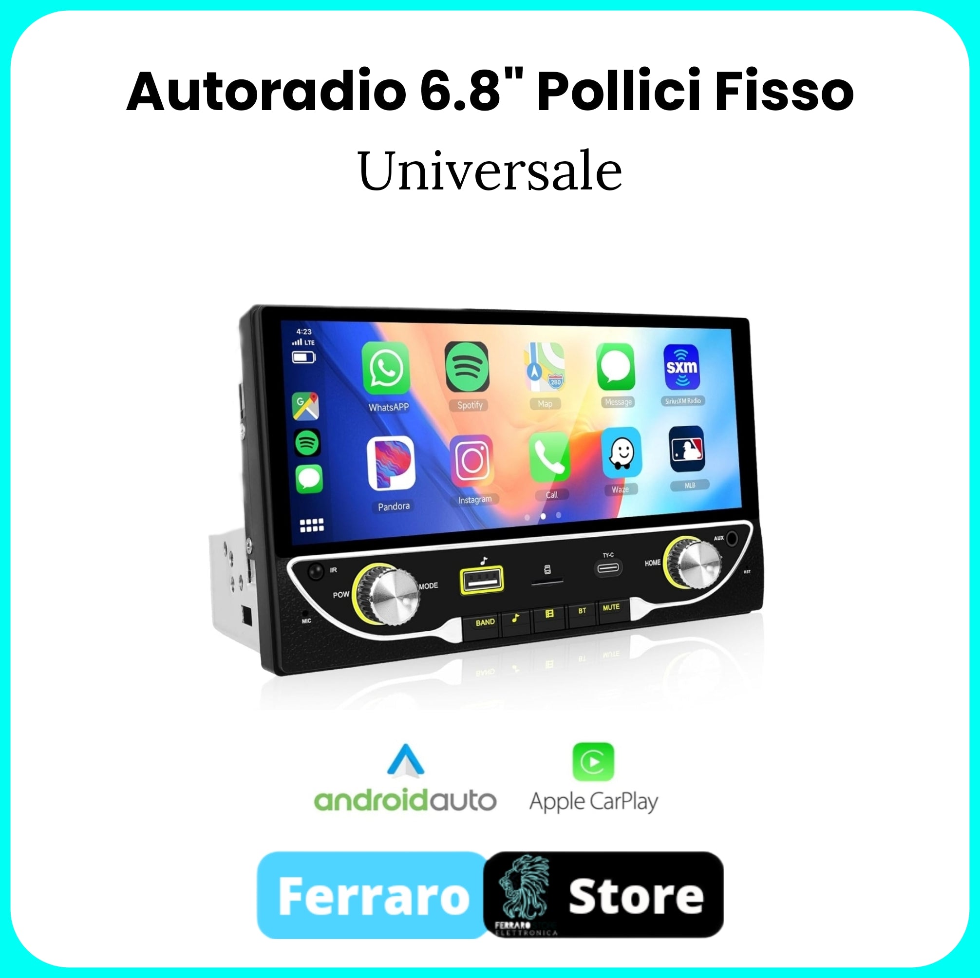 Autoradio Universale [FISSO] - 1Din, Schermo 6.8"Pollici, Bluetooth, Radio, USB, Navigatore, CarPlay & Android Auto Cablato