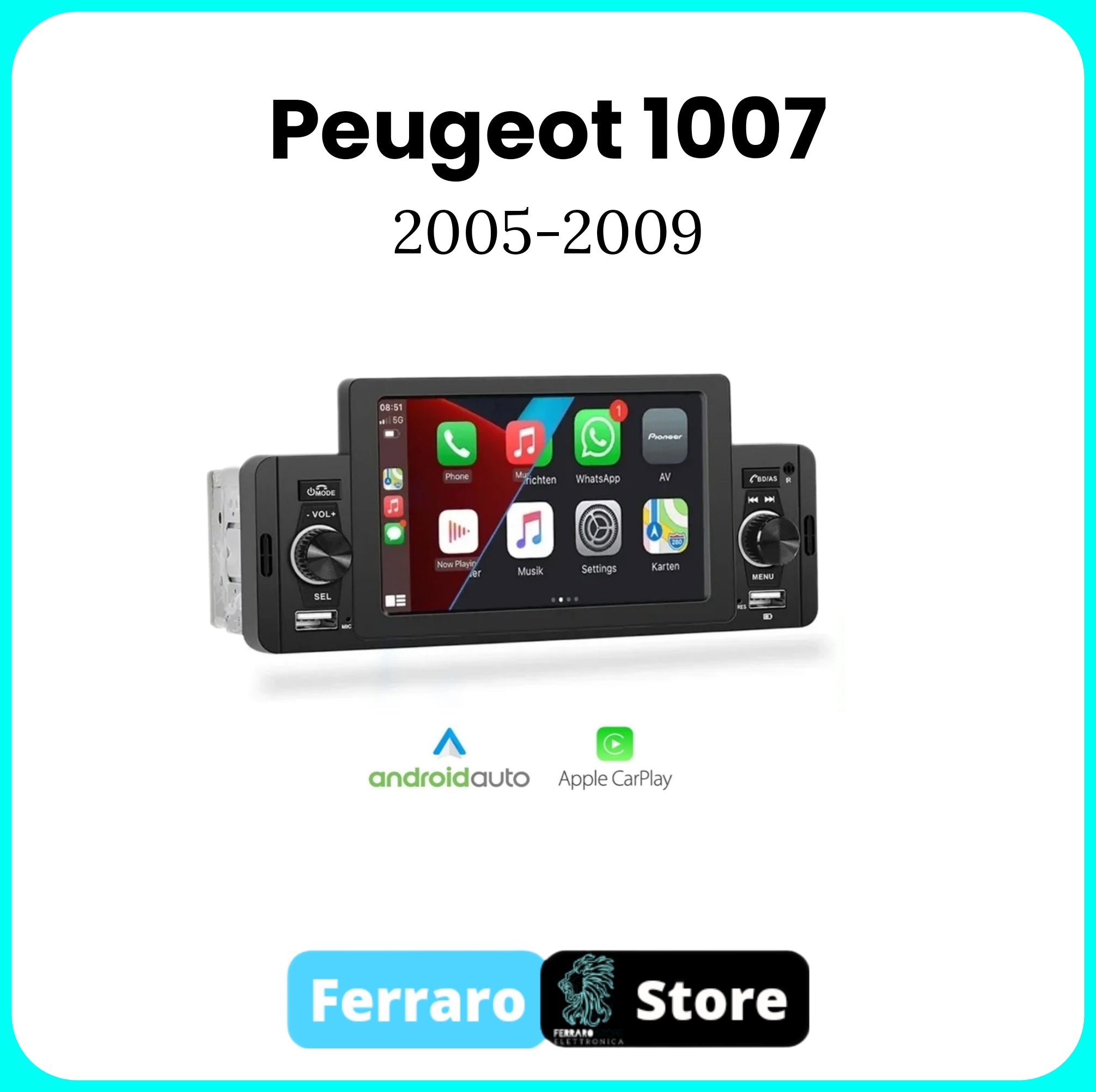 Autoradio per Peugeot 1007 [2005-2009] - 1Din 5" Pollici, Bluetooth, Radio, Doppia USB, CarPlay e Android Auto