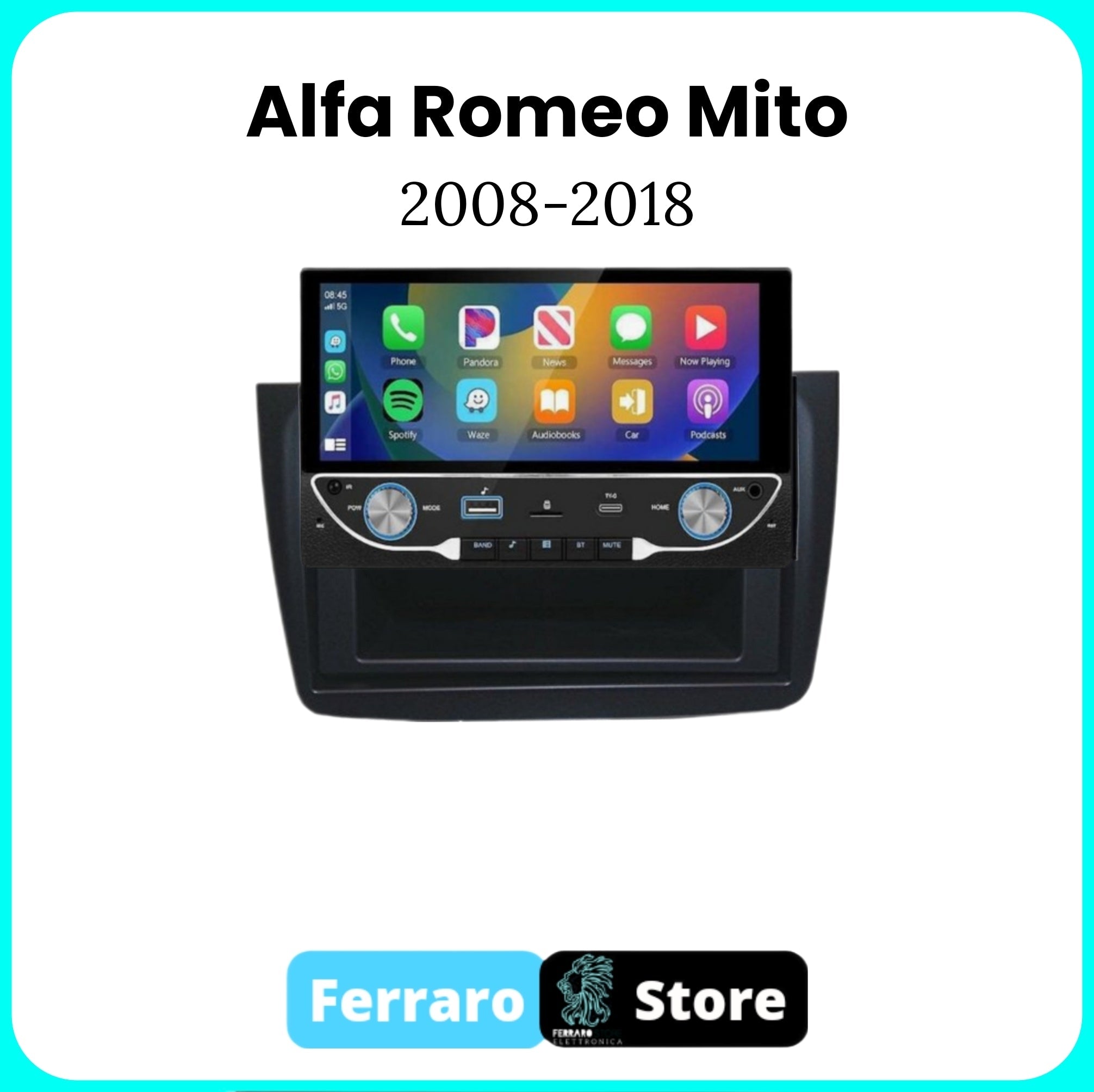 Autoradio per Alfaromeo Mito [2008-2018] - 1Din, Schermo 6.8"Pollici, Bluetooth, Radio, USB, CarPlay & Android Auto Cablato