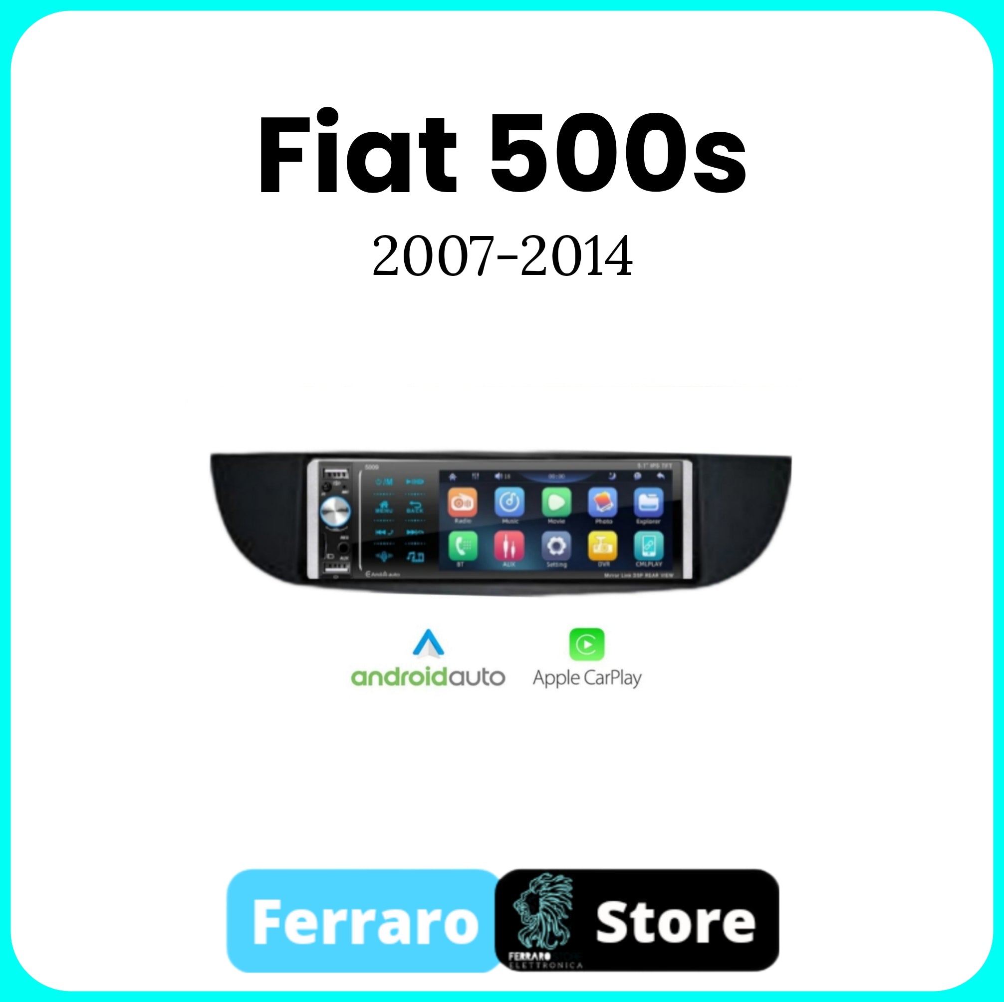 Autoradio per FIAT 500s [2007 - 2014] - 1Din, Schermo 5.5"Pollici, Bluetooth, Radio, USB, CarPlay & Android Auto Cablato