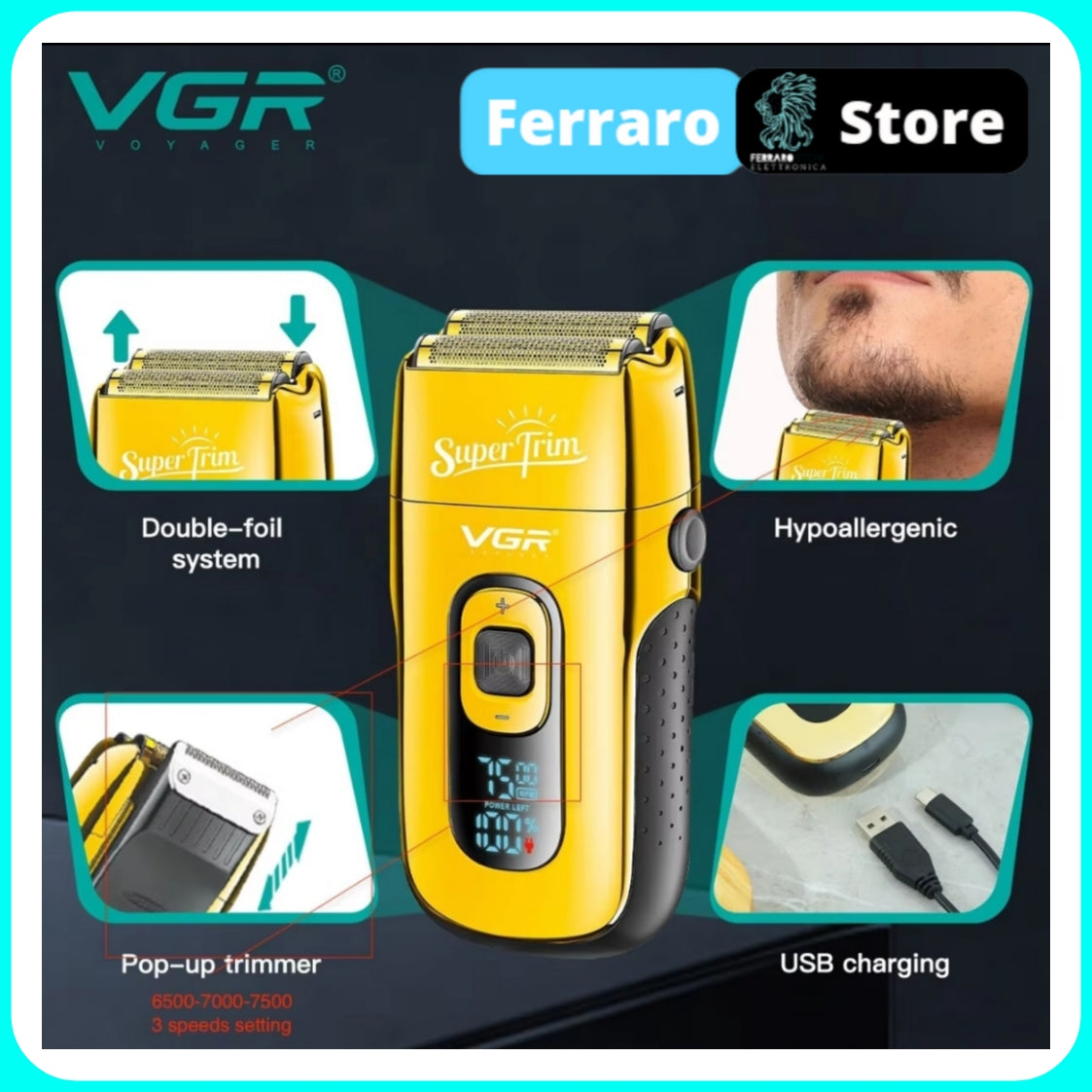 VGR Rasoio Professionale - Rasoio Elettrico rasoio ricaricabile per uomo rasoio barba rasoio barba Trimmer tagliacapelli V-332