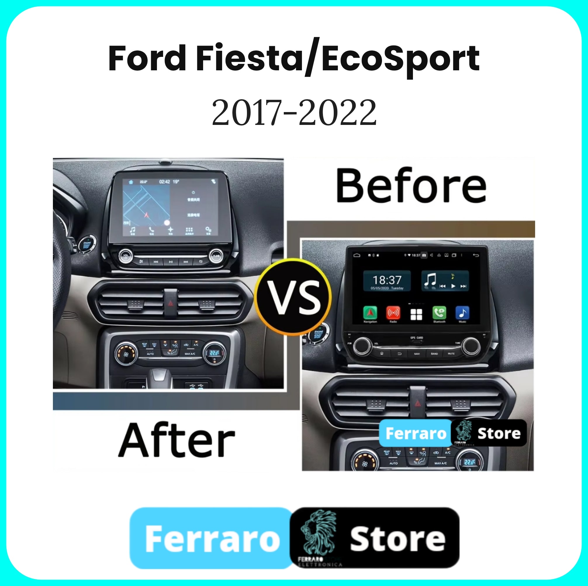 Autoradio per Ford Fiesta/EcoSport [2017-2022] - 4GB/8GB Android, Radio RDS, GPS, Wifi, Bluetooth, CarPlay e Android Auto