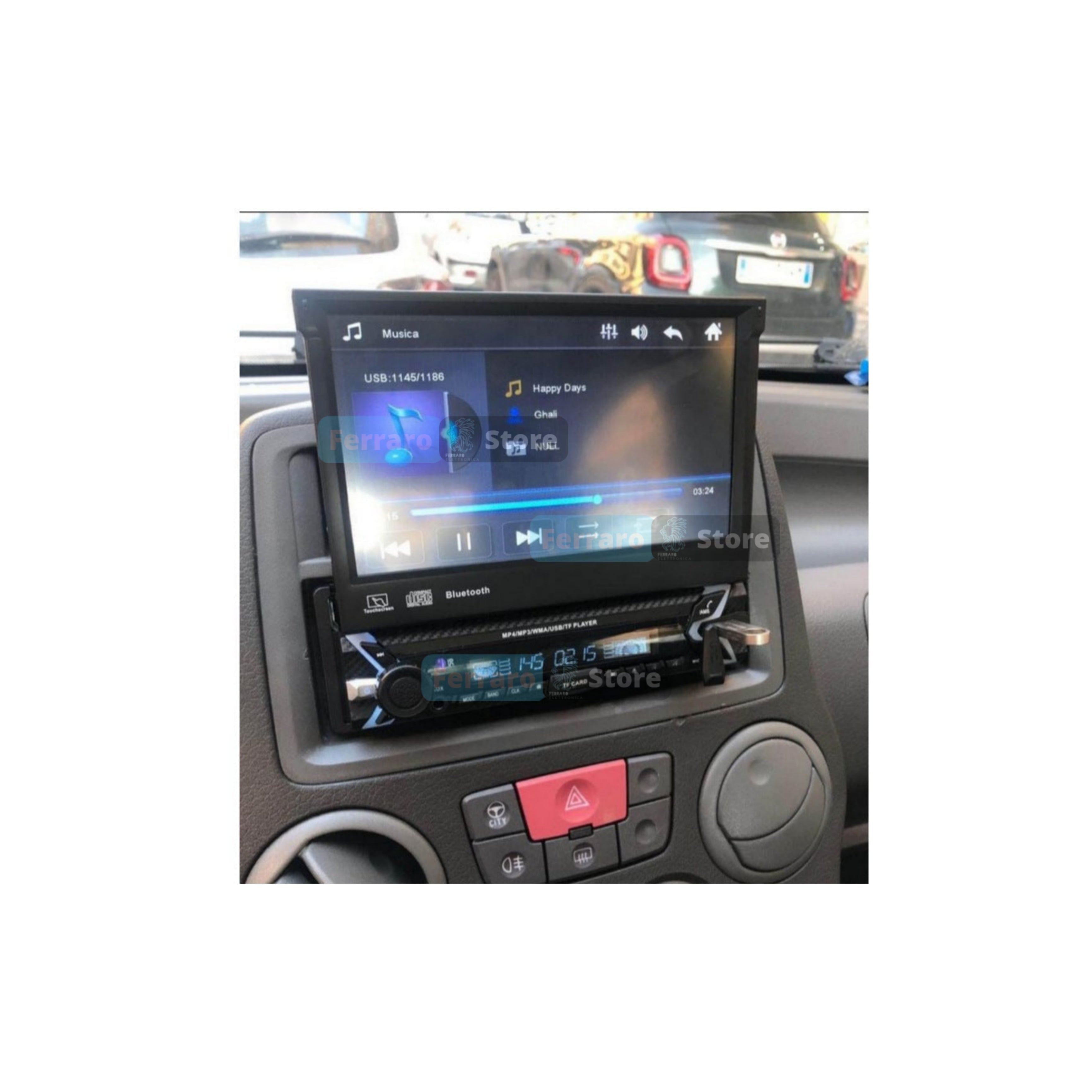 Car Radio for FIAT Panda 2nd Series - 1Din, 7" Inch Motorized Screen, Bluetooth, Radio, USB, Mirror Link for Android