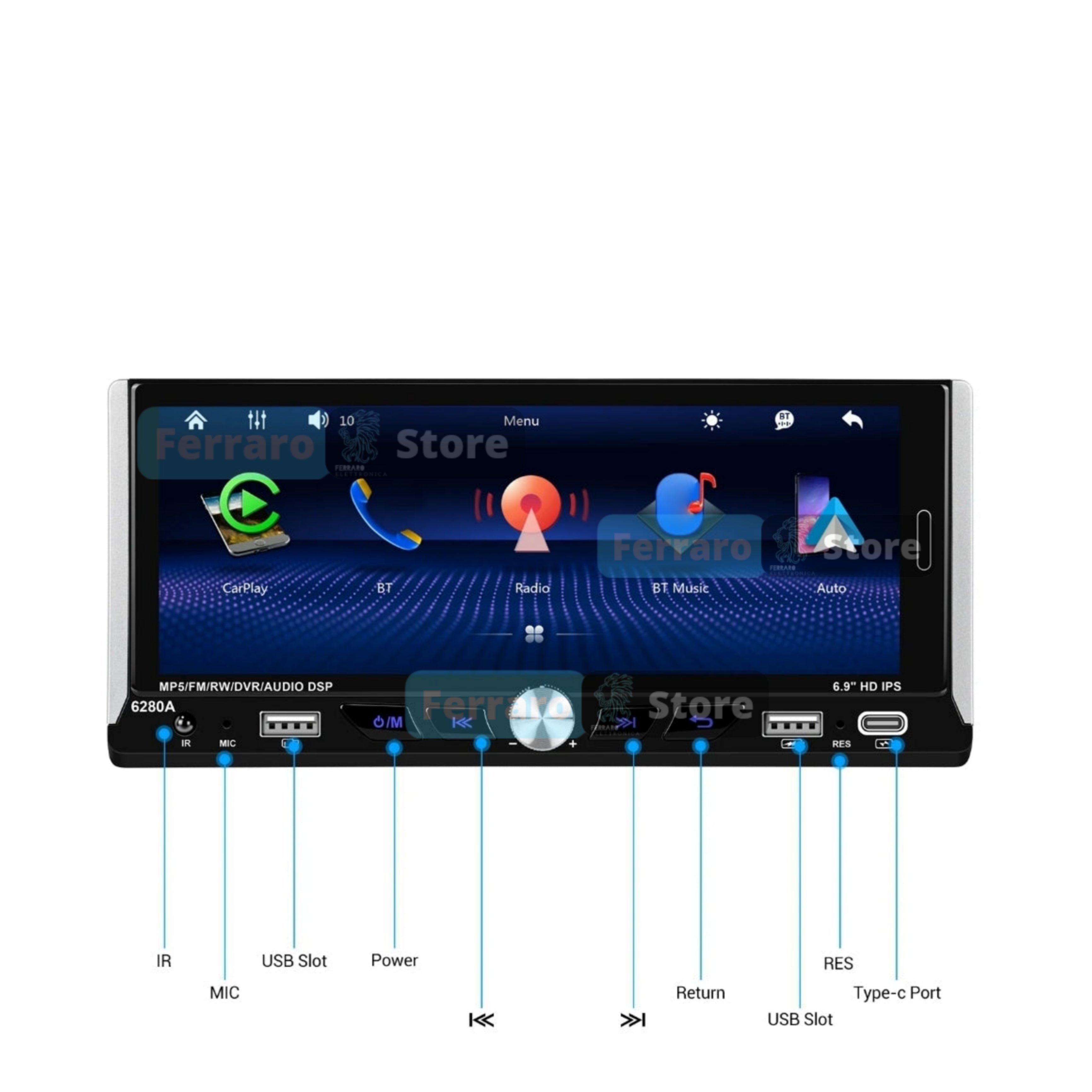 Autoradio Universale Fisso |  1Din 6.9"Pollici | Android | Bluetooth | CarPlay | Android Auto | 2/32GB Ram