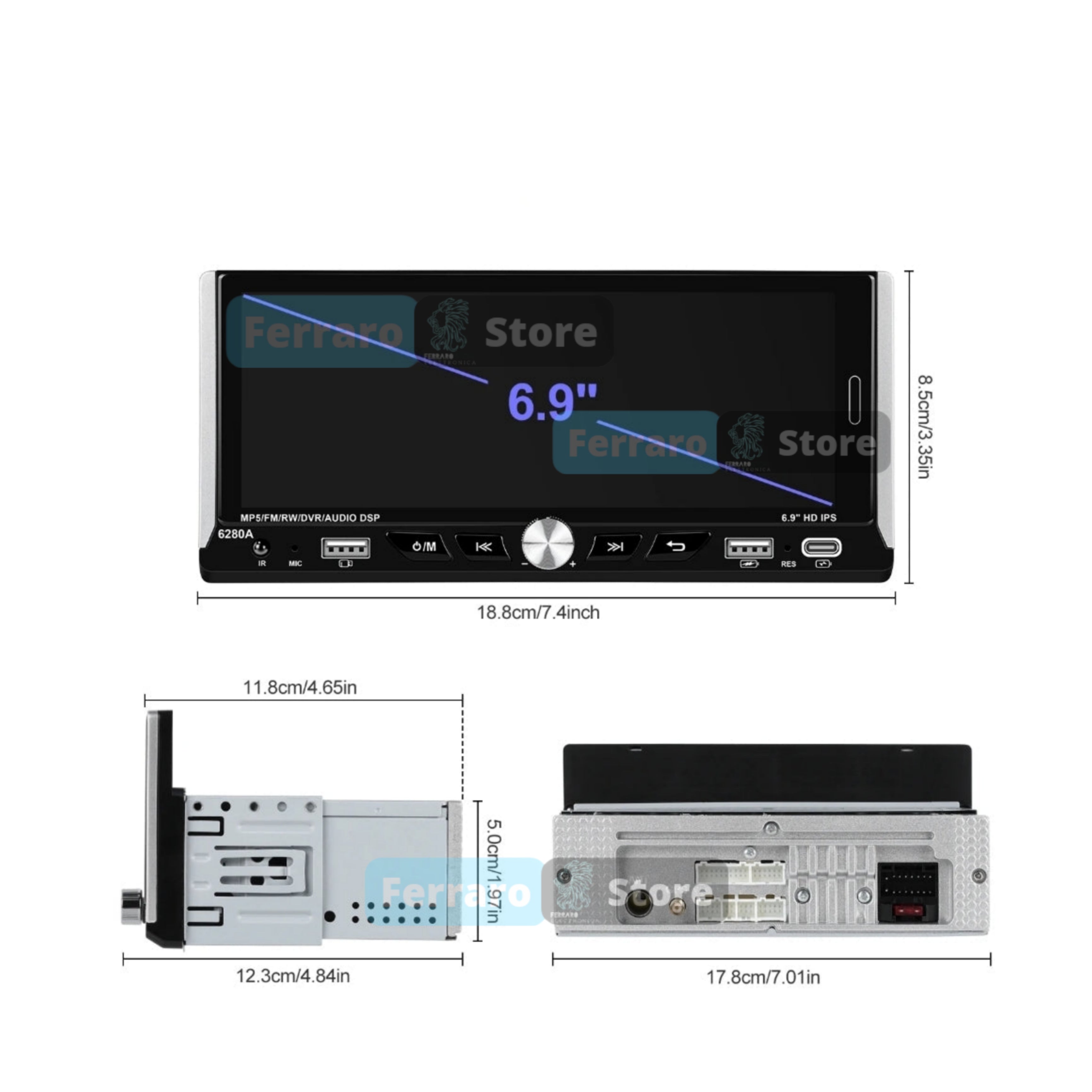 Autoradio 1 DIN Con CarPlay E Android Auto – 6.9″ Touchscreen, Bluetooth 5.1, Telecamera Posteriore