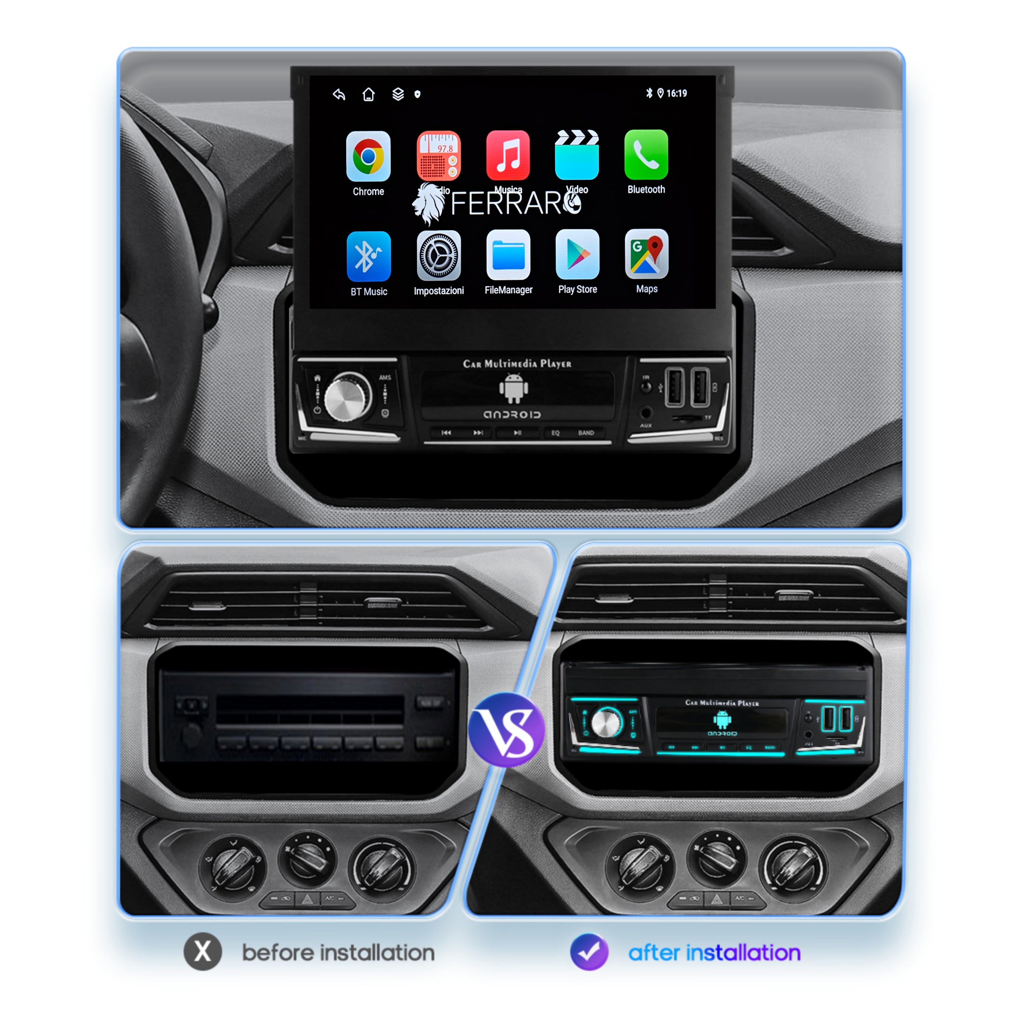 Autoradio Universale a Scomparsa Manuale | 1Din 7" Pollici | Android | Bluetooth | CarPlay | Android Auto | 2GB/4GB Ram