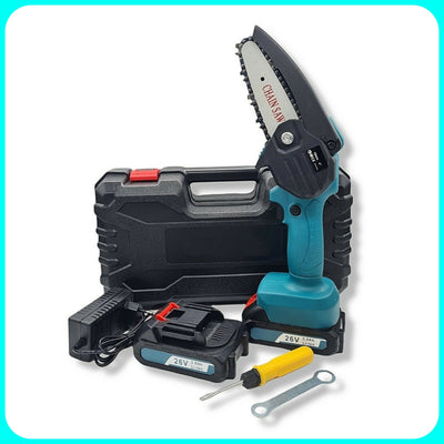 2 in 1 Kit Mini Electric Chainsaw &amp; Pruning Shears Scissors - 4 Batteries, Double Case and Complete with Accessories.