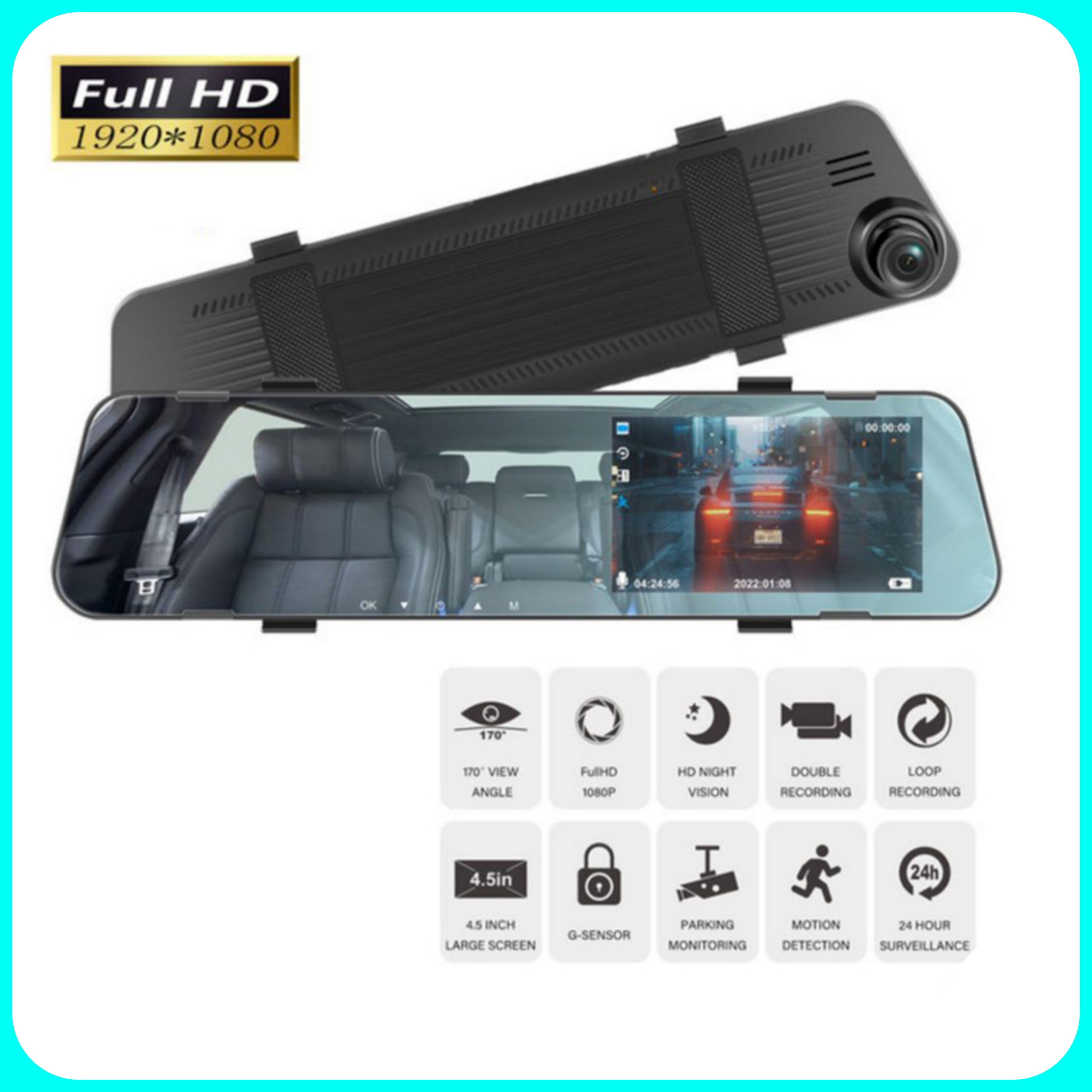 Dash Cam - Pour voiture, rétroviseur 4,3 pouces rétroviseur de voiture Dvr Full HD 1080p BONUS DE CAMÉRA ARRIÈRE ! Caméra de conduite à double objectif 