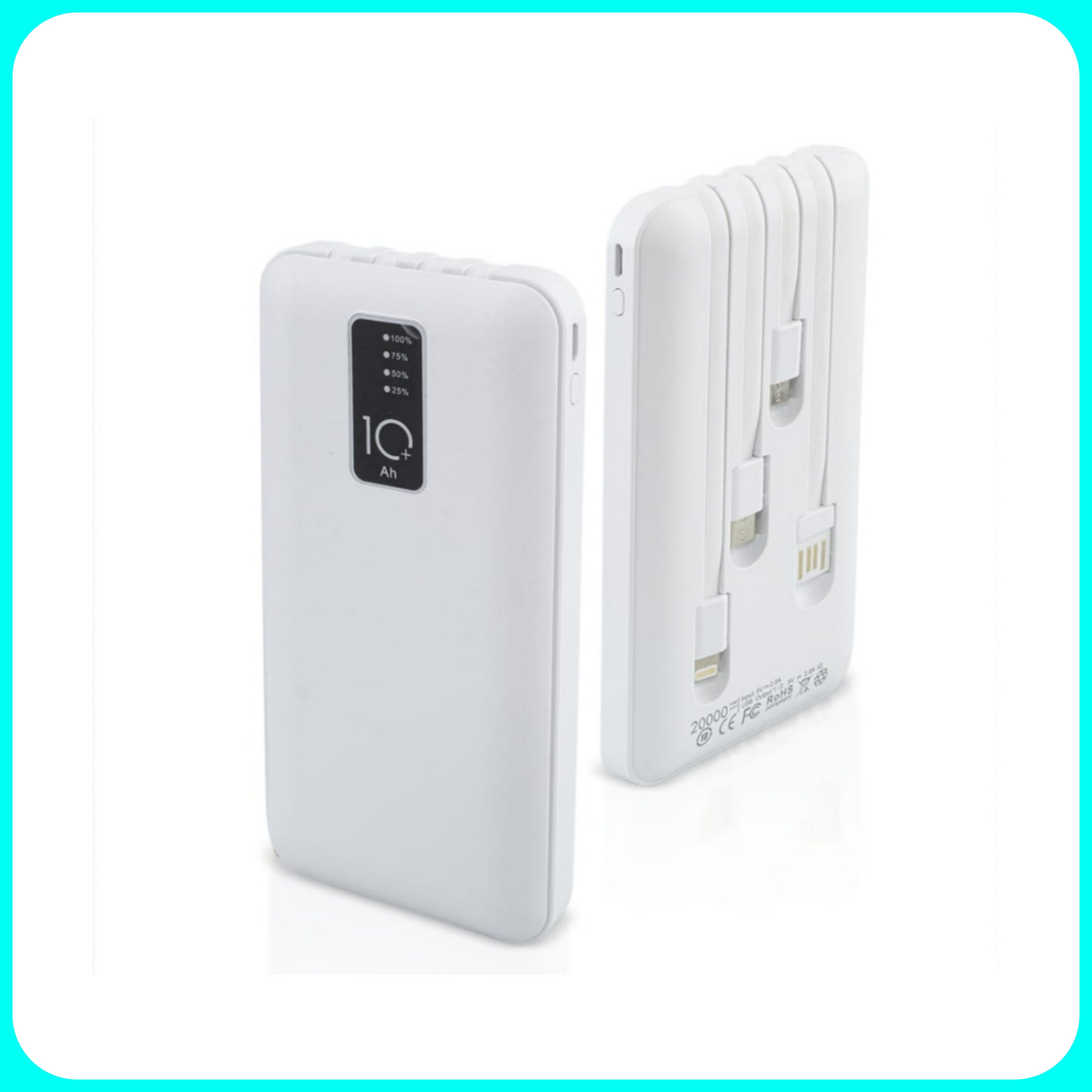 Chargeur de batterie portable Powerbank - Avec 4 câbles de charge inclus Matière : ABS et Aluminium Dimensions : 14x7x1,5 cm