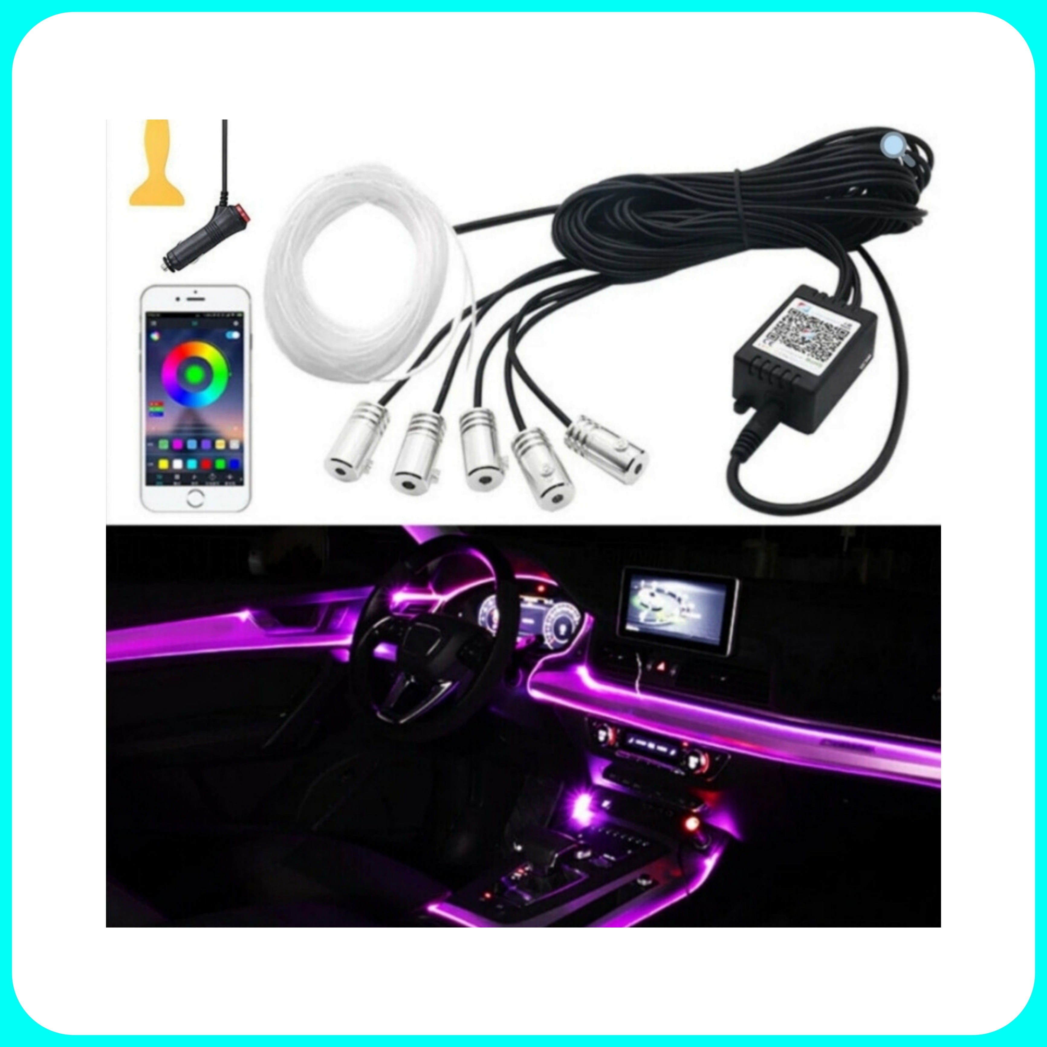 Luci LED Ambiente AUTO - Ambient Light, Comando App, in Fibra ottica 6M, RGB, Comando Musicale, Universale, 12V.