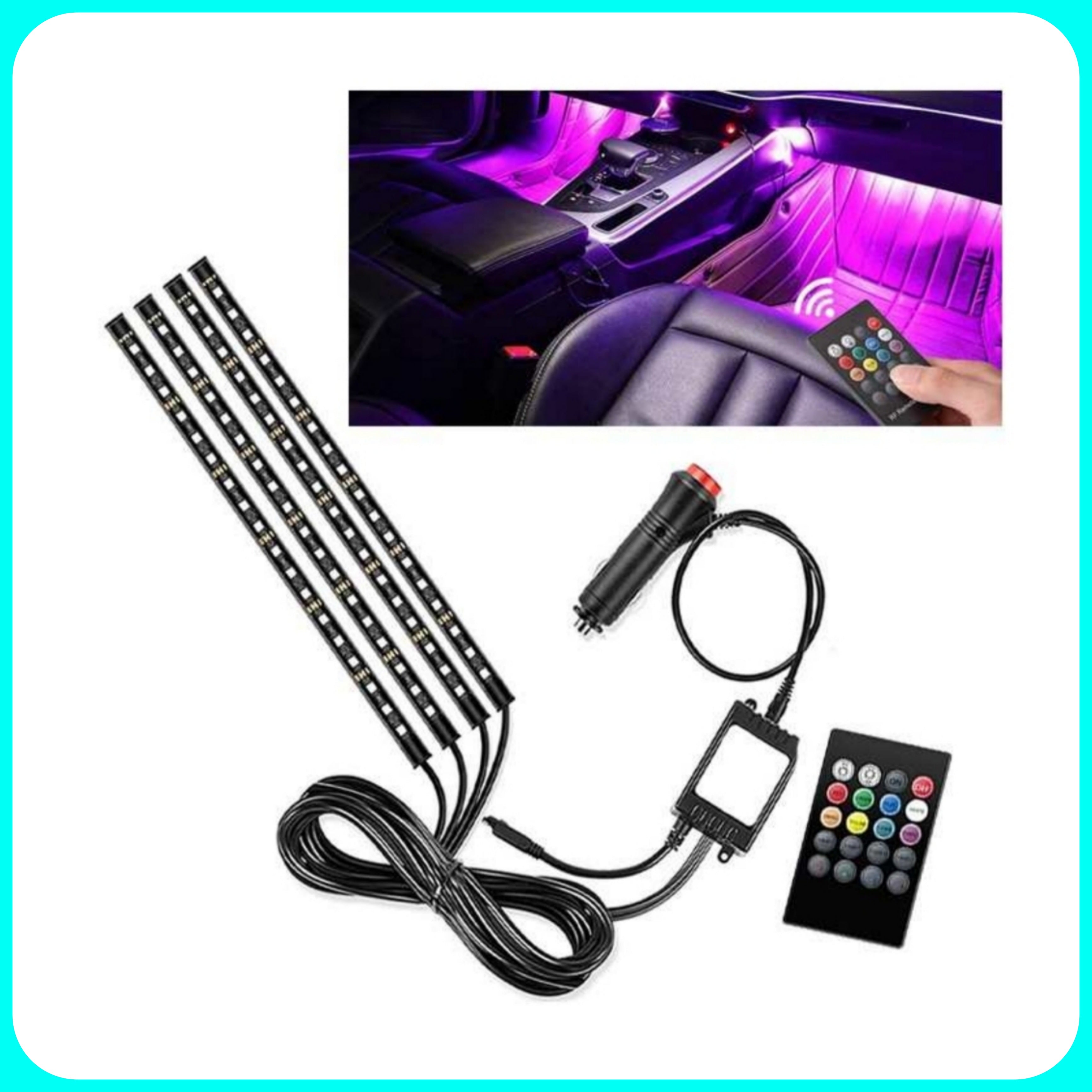 Luci Ambiente Adesiva Auto - Interni Auto RGB, 4 Strip Luminose, Adesive, 72LED, Impermeabile Tuning, Comando Musicale