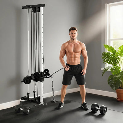 SPORTNOW Lat Machine da Parete con Pulegge Regolabili, Stazione a Cavi con Pulldown e Carico Pesi Regolabile, per Casa Palestra Multifunzione, Nero