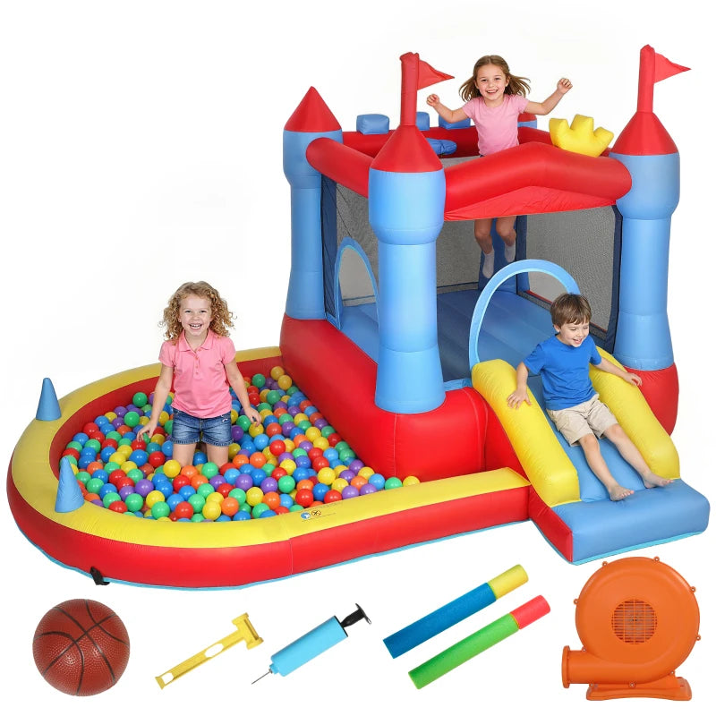 AIYAPLAY Castello Gonfiabile per Bambini con Scivolo, Piscina/Palline, Canestro da Basket e Soffiatore