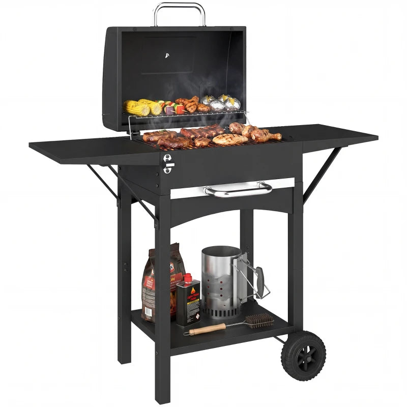 Outsunny Barbecue a Carbone con 2 Ripiani Laterali, Termometro, Coperchio e Ruote, 110x46.5x101 cm, Nero