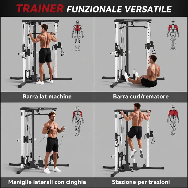 Stazione Fitness per Allenamento Totale con Sbarra per Trazioni e Bilanciere, in Acciaio, 170x139x200 cm, Nero
