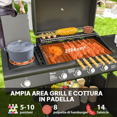 Outsunny Barbecue a Gas con Fornello Laterale, Tavolino e Armadietto, in Acciaio e PP, 129.5x56x110 cm, Nero