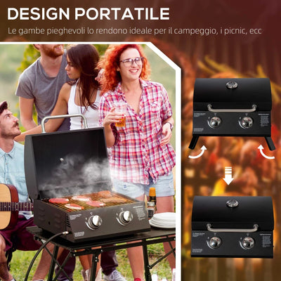 Outsunny Barbecue a Gas Pieghevole con Coperchio, Termometro e 2 Bruciatori in Acciaio, 55x46.5x41 cm, Nero