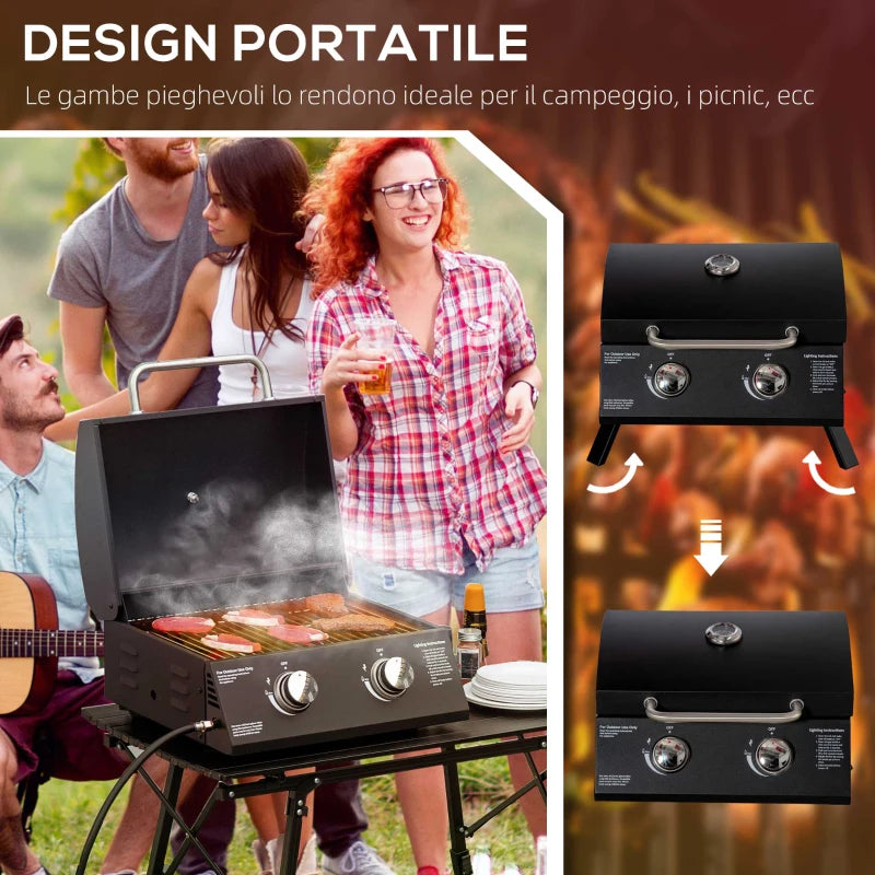 Outsunny Barbecue a Gas Pieghevole con Coperchio, Termometro e 2 Bruciatori in Acciaio, 55x46.5x41 cm, Nero