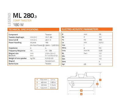 Hertz Tweeter, ML 280.3, Neodimio Cupola 28mm, 180w