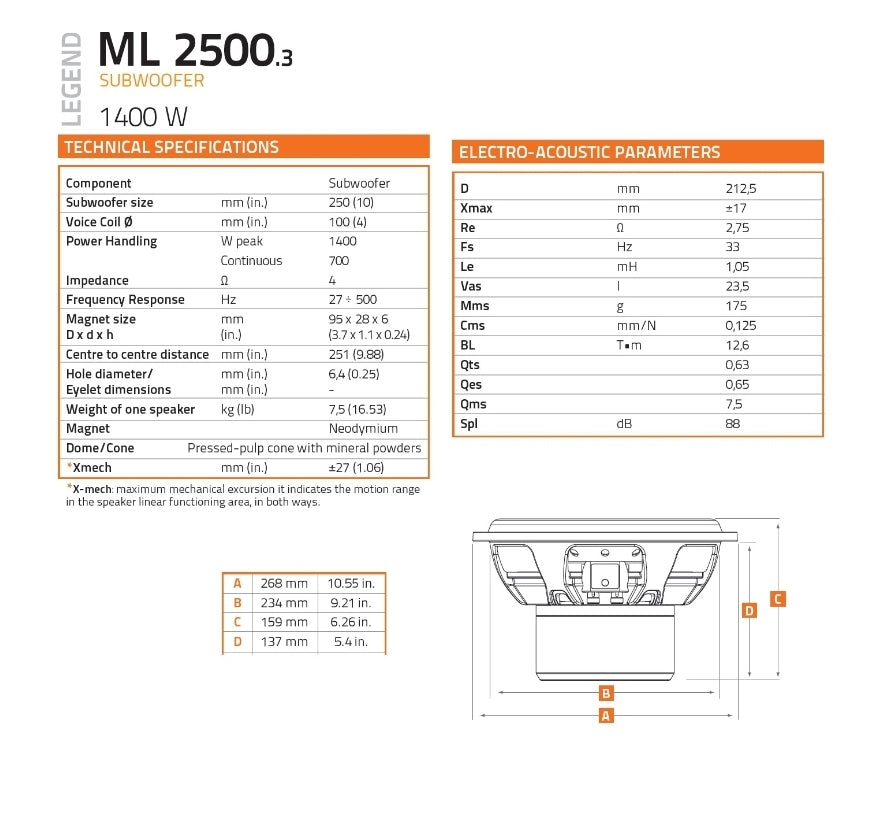 Hertz Subwoofer - Altoparlanti Sub Auto ML 2500.3, MILLE LEGEND 2500, 250mm 25cm
