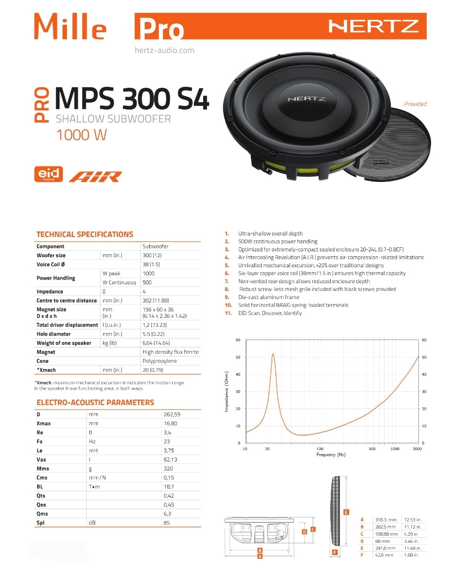 Hertz Subwoofer - Piatto, MPS 300 S4 Mille PRO, 30cm, Altoparlanti Auto Sub 4 Ohm