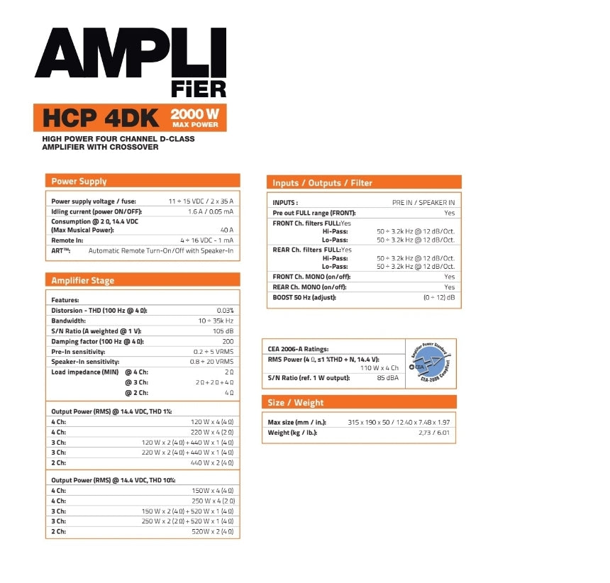 Hertz HCP 4DK - Amplificatore Auto 4 /3/2 Canali Classe D 4x250w