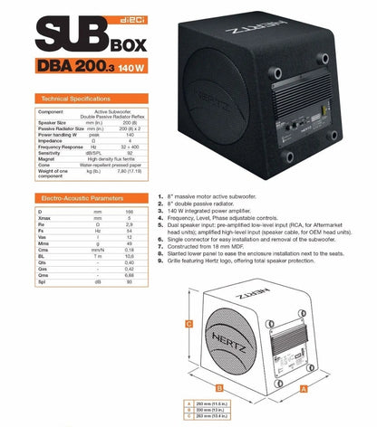 Hertz DBA 200.3 - Active/Amplified Subwoofer, 140w, DIECI Line