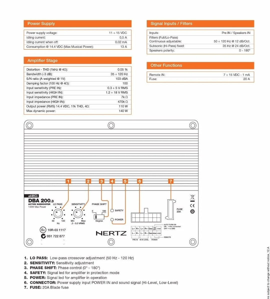 Hertz DBA 200.3 - Subwoofer Attivo/Amplificato, 140w, Linea DIECI