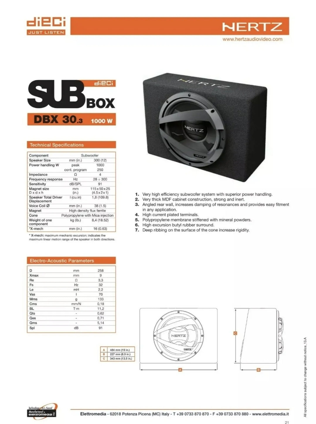 Hertz DBX 30.3 - Subwoofer in Cassa, 300mm, 1000w, 4 Ohm