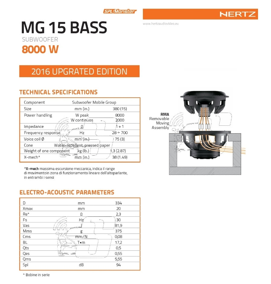 Hertz MG 15 BASS 2X1.0 - Gruppo Mobile, 15" 8000w, 2x1 Ohm Cone