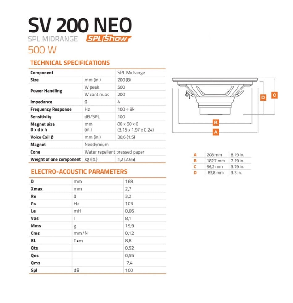 Hertz SV 200 NEO - Coppia SPL SHOW Midrange, Neomidio 500w, 20cm 8", SPL 100DB, 4 Ohm