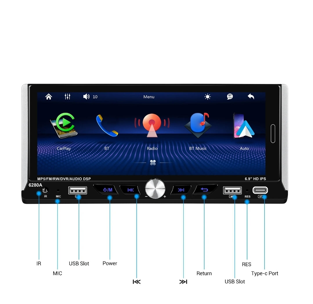 Autoradio Universale [FISSO]- 1Din 6.9"Pollici, Android, CarPlay & Android Auto, Bluetooth, Radio, GPS, Wifi, Youtube, PlayStore