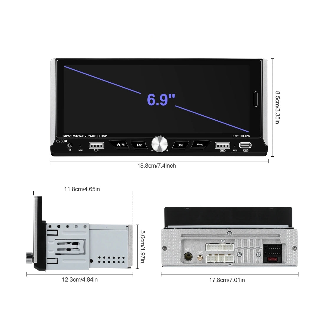 Autoradio Universale [FISSO]- 1Din 6.9"Pollici, Android, CarPlay & Android Auto, Bluetooth, Radio, GPS, Wifi, Youtube, PlayStore