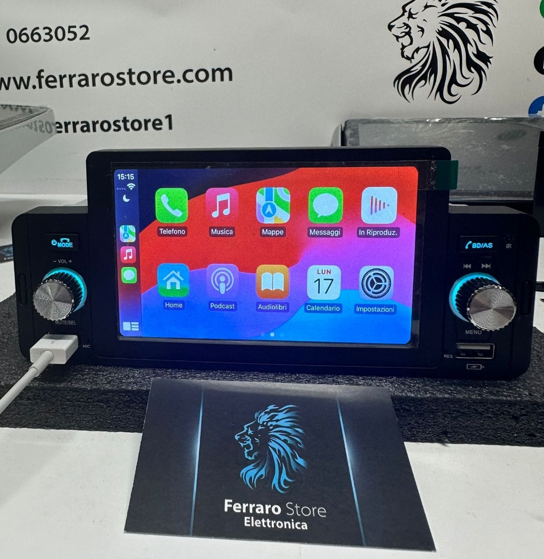 Autoradio Universale [FISSO]- 1Din 5" Pollici, Bluetooth, Radio, Doppia USB, CarPlay e Android Auto