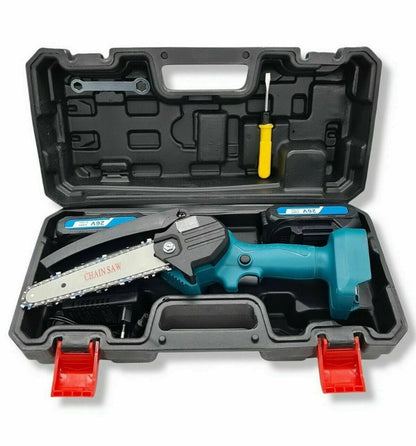 2 in 1 Kit Mini Electric Chainsaw &amp; Pruning Shears Scissors - 4 Batteries, Double Case and Complete with Accessories.