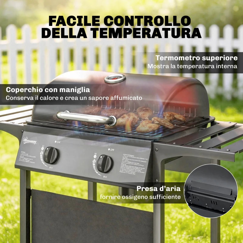 Outsunny Barbecue Gas, 2 Bruciatori, Tavolini Laterali, Vassoio Raccogli Grassi, Nero.